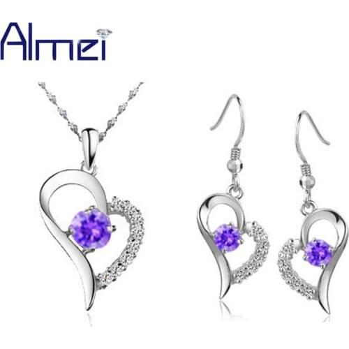 Almei 49% off Dubai Wedding Jewellery Silver Color Necklace Set Heart Bridal Jewelry Sets Women Earring Purple Stone Gifts T040
