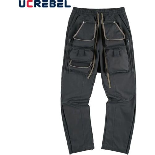 Multi-Pocket Cargo Pants Mens High Street Straight-leg Pants Streetwear Elastic Waist Casual Pants Trousers Men