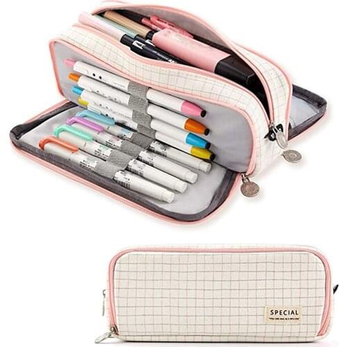 Large Capacity Pencil Case Grid Canvas Pencilcase Student Pen Holder Supplies Pencil Bag School Box Pouch Stationery Supplies#g3