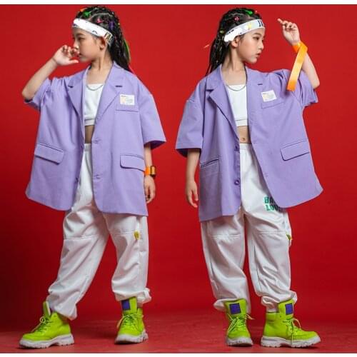 2021 Jazz Dance Costumes For Girls Children Purple Loose Coat Hihop Pants Suit Performance Rave Clothes Hip Hop Costumes DQS7518