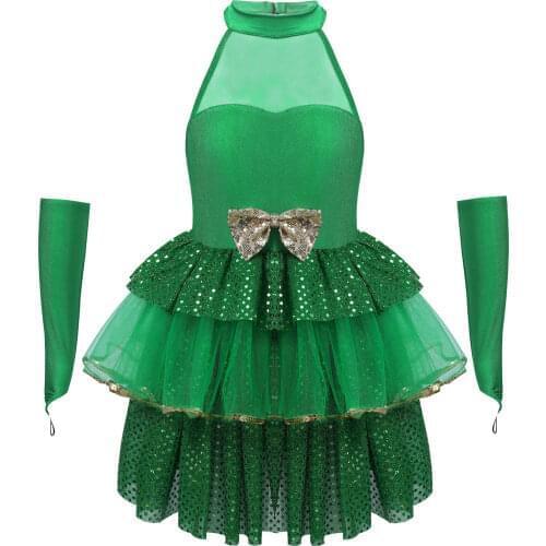 Kids Girls Christmas Dress Outfit Sequins Dance Leotard Tutu Dress With Arm Sleeves Set For Halloween Cosplay Fancy Dress Party