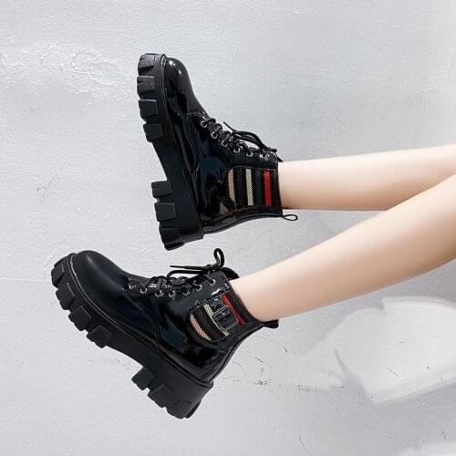 Designer Patent Black Leather Motorcycle Martin Boots Gothic Rainbow Platform Heels Punk Shoes Women Winter Chunky Ankle Boots