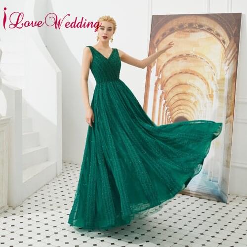 Formal Long Evening Dresses Sexy V Neck Lace Beaded Custom made A Line Green Lace Evening Gown for Party