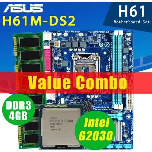 Gigabyte GA-H61M-DS2 Motherboard With Intel Pentium G2030 + 4GB DDR3 Motherboard Combo Gaming Placa-Mãe H61 Mainboard Set Used