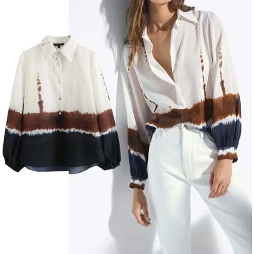 Klkxmyt Za 2021 Women Shirt Fashion Gradient Color Print Blouses Vintage Long Sleeve Button-up Female Shirts Blusas Chic Tops