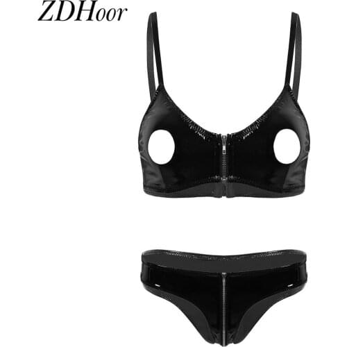 Womens Patent Leather Sexy Lingerie Set Hollow out Bra Top Low Rise Zippered Crotch Underwear Panties Sleepwear Erotic Nightclub