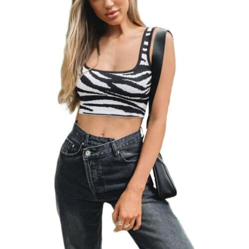 Summer Ladies Sexy Midriff-baring Camisole Girls Creative Zebra Print U-neck Sleeveless Base Shirt Slim Knitted Top