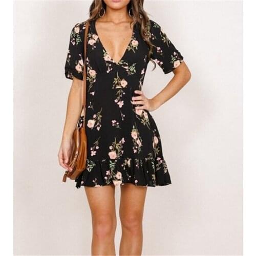 Fashion Womens Chiffon Dress Short Sleeve Printed Mini Dresses Ladies V-neck Bodycon Party Evening Mini Dress Hot Sale Vestidos