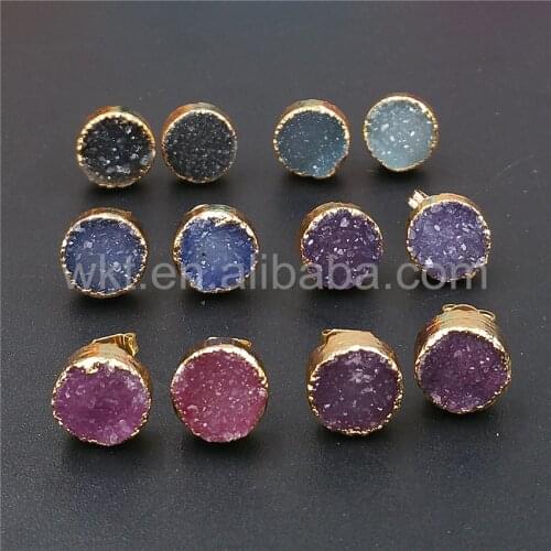 WT-E272 Trendy Round Druzy Earrings 10mm Natural Druzy Stone Round Stone Jewelry with 24k Gold Strim Charm Gold Stone Earrings