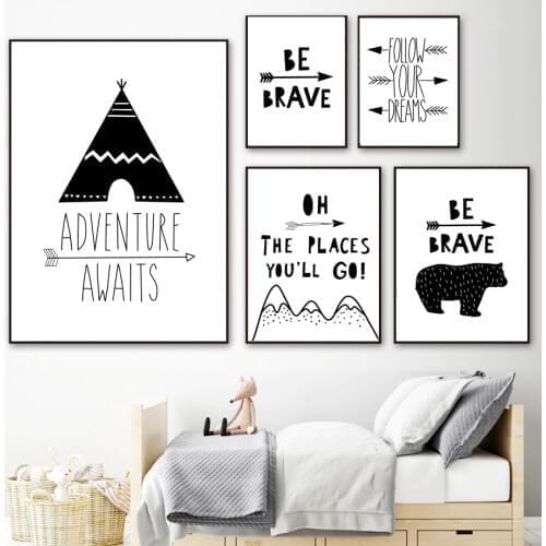 Tent Bear Arrow Brave Quotes Wall Art Canvas Painting Nordic Posters And Prints Black White Wall Picture Baby Kids Room Decor