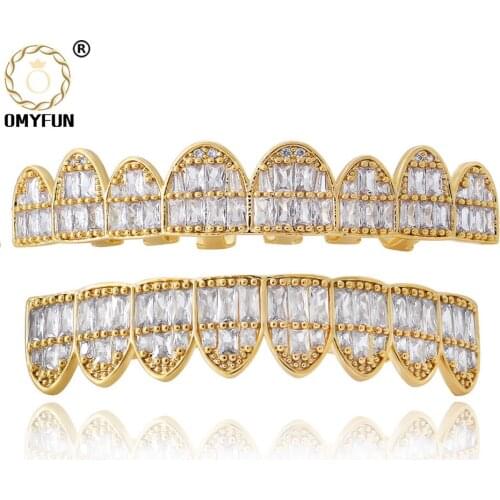 OMYFUN New Hip Hop Teeth Grillz Set Men Body Jewelry CZ Paved Top Bottom Dental Grills Tooth Grills Teeth Caps Bling Bijoux