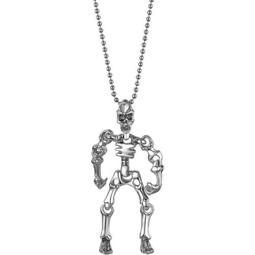 BONISKISS Punk Gothic Skeleton Skull Necklaces & Pendants Movable Skull Silver Color Chain Necklace For Men Halloween Gift