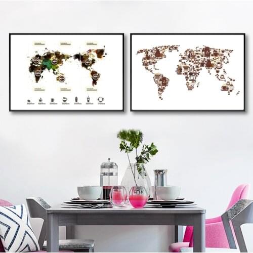Coffee Cups and Coffee Maker World Map Poster Canvas Art Print Cafe Wall Art Decor Coffee Icons Ink Splatter Painting Decoration