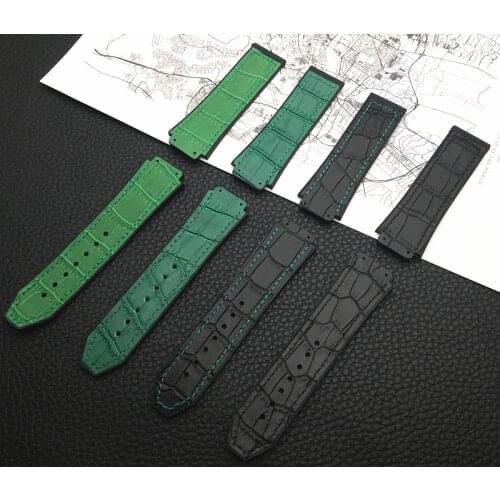 25*19mm Green real cow leather Rubber Watchband for Hublot strap for Big Bang belt Watch band butterfly Buckle tools Fusion