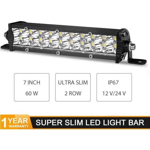 DERI Spot LED Work Light 7inch 60W Dual Row Ultra Slim LED Light Bar for Car Tractor Boat OffRoad 4WD 4x4 Truck SUV ATV 12V 24V