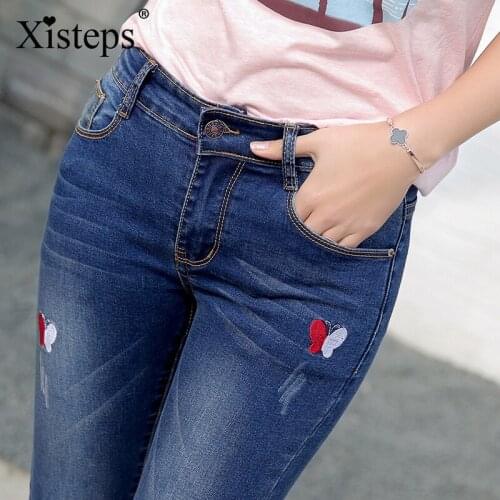 Xisteps Embroidery Women Skinny Jeans Female Stretch Slim Leggings Plus Size Denim Pants 2020 Autumn Street Wear Causal Trousers