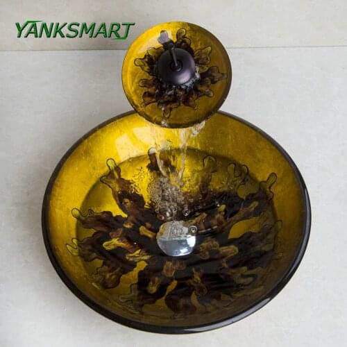 YANKSMART Yellow Alga Vessel Vanity Hand Painting Washbasin Sink Counter Top Bowl Tempered Glass Bathroom Basin Faucet Set