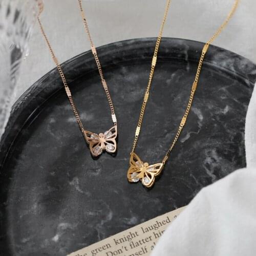 YUN RUO 2021 Vintage 18K Gold Color Crystal Butterfly Pendant Necklace Woman Jewelry Fashion Titanium Steel Accessory Never Fade
