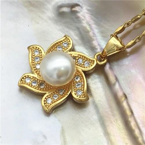 Ladys 5 colors for choice white/black/purple/grey/pink 17mm natural freshwater pearls 18kgp inlay zircon pendant with chain 02