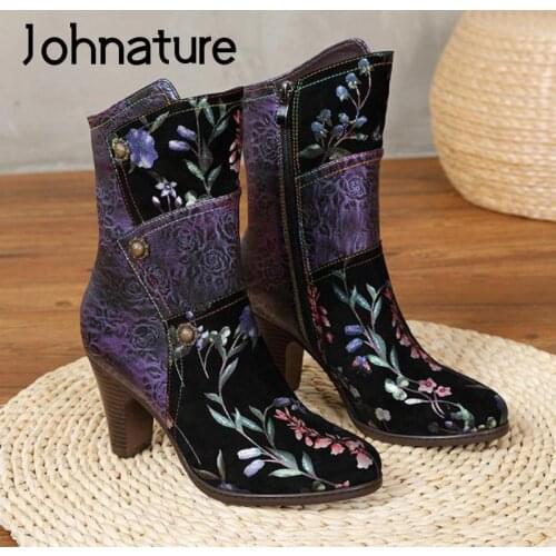 Johnature High Heel Boots Women Shoes Genuine Leather Print Cloth Mixed Colors Retro 2021 New Winter Zip Handmade Platform Boots