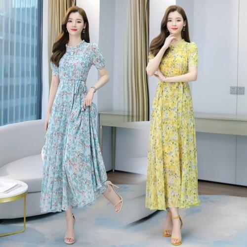Women Maxi Floral Chiffon Dress Summer 2021 Boho Retro Elegant Casual Party Night Vacation Slim Runway Long Vestidos Korean