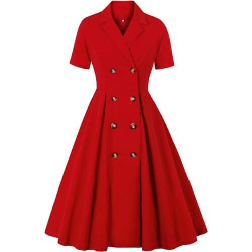 Notched Collar Double Breasted Elegant Red High Waist Office Ladies Swing Dresses 2021 Women Spring Summer Vintage Midi Dress