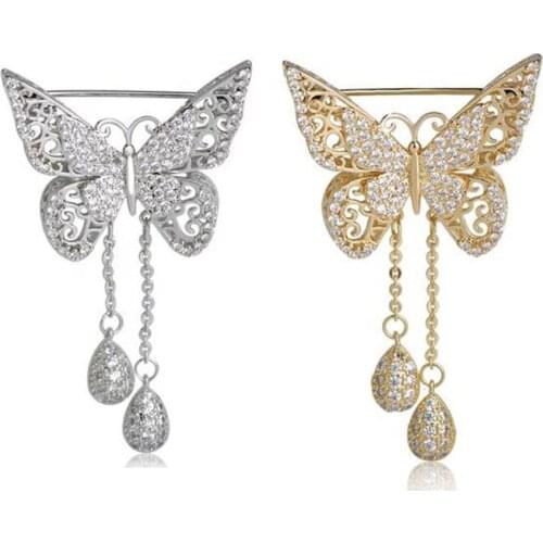 100pcs/ 45mm Valentines Gifts Butterfly Brooch Pins Silver Tone Rhinestone Crystal Bridal Wedding Collar Lapel Pin Party Jewelry