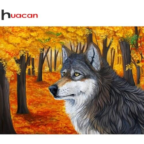 Huacan 5d Diy Diamond Painting Wolf Animal Wall Stickers Diamond Mosaic Embroidery Autumn Forest Home Decor