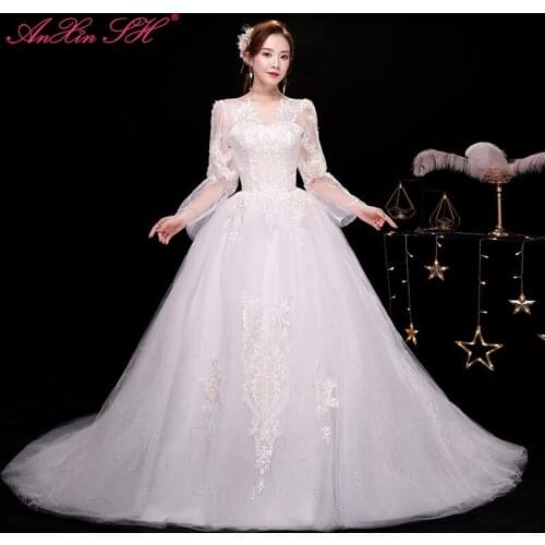AnXin SH princess flower lace white wedding dress party vintage o neck long flare sleeve white train lace up wedding dress