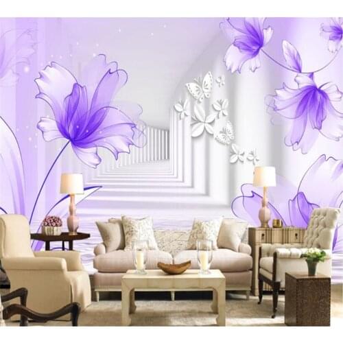 Beibehang Large custom dream purple lily 3D stereo TV living room bedroom background home decoration