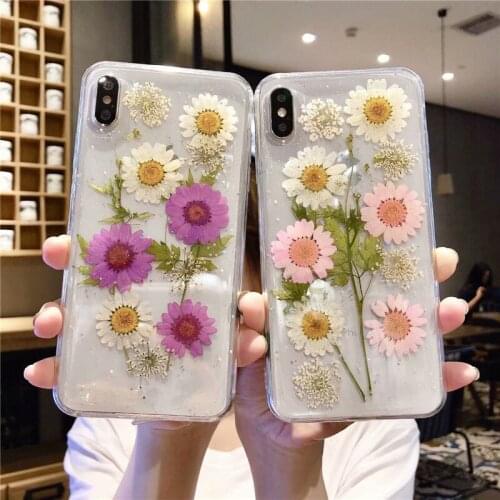 Real Dried Flower Handmade Color Daisy Leaf Phone Case For iPhone 11 Pro Max X XS Max XR 6 6S 7 8 Plus SE 2020 Soft Epoxy Cover