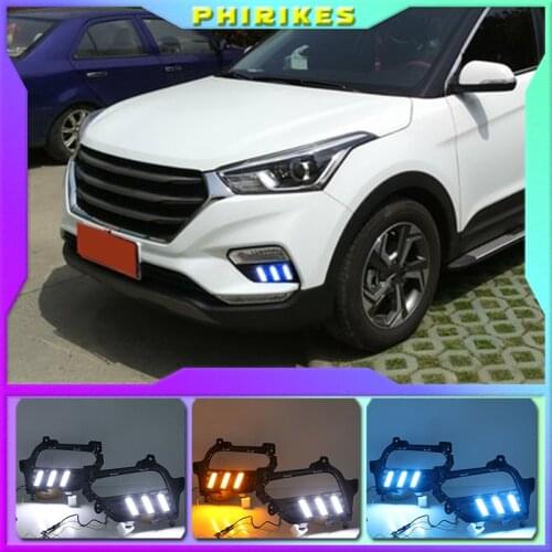 1Pair For Hyundai Creta IX25 2017 2018 2019 2020 DRL LED Daytime Running Light Fog Lamp With Yellow Turn Signal Lamp