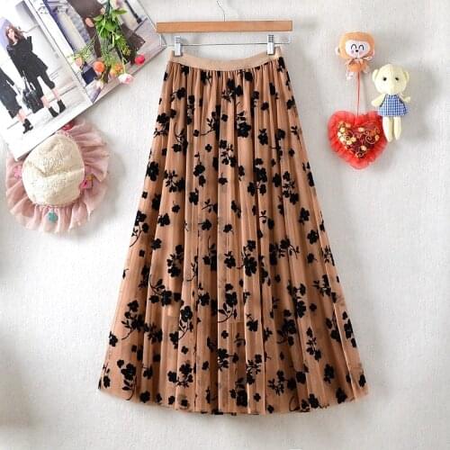 Net Yarn Flocking Long Skirt Womens Summer 2021 Thin Floral Stretch Waist Puffy Long Skirt Elegant Fairy Skirt