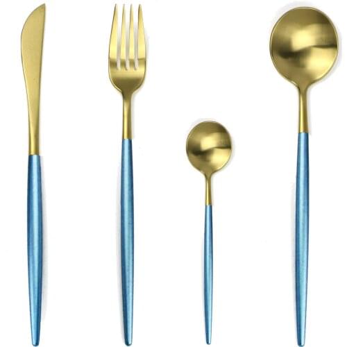JANKNG 18/10 Stainless Steel Dinnerware Set Plating Gold Cutlery Sky Blue Black Knife Fork Tableware Cutlery Kitchen Utensils