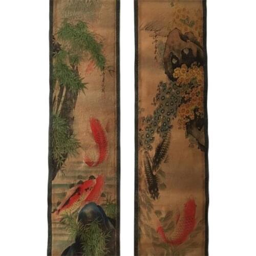 China Celebrity Painting Old Scrolls Four Screen Decorate Goldfish Painting
