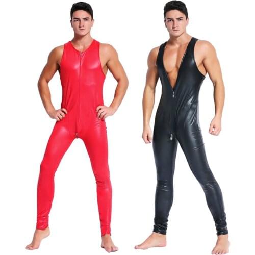 Patent Leather Zipper Open Crotch Latex Catsuit Jumpsuit Sexy Lingerie for Men Erotic Costumes Spandex Catsuit Bodysuit Clubwear
