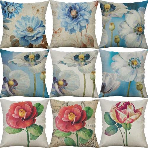 Linen Pillow 18" Cotton flower Cases Blue Decor Printed Cover Home Sofa Cushion