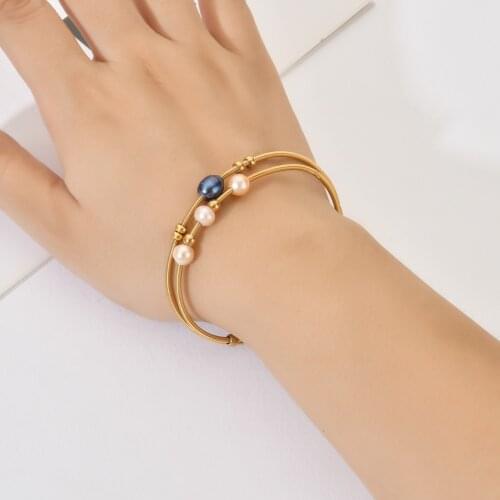 Fashion Genuine Natural Pearl Bracelets Memory Spring Bracelets Stainless Steel Wire Chain Bracelet Bangle Women Jewelry Gift