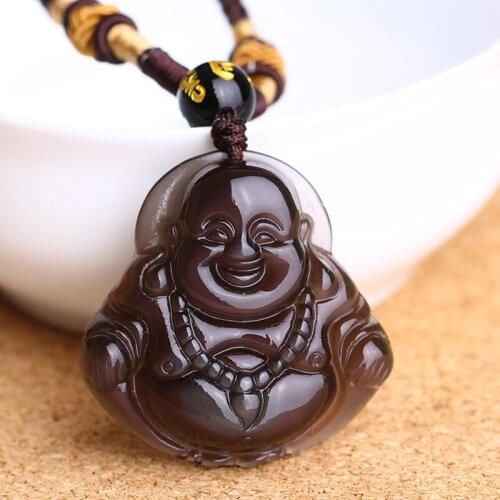 Natural Obsidion Pendant Maitreya Laughing Buddha Pendant Necklace Jade Jewelry Free Ropeift for Men Women