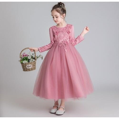 New Princess Lace Dress 2020 Kids Long-sleeved Flower Embroidery Dress For Girls Pageant Formal Ball Gown kids Costume