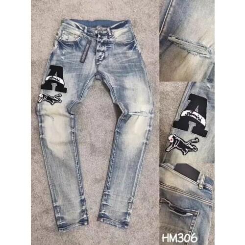 New style high street do old wash collage paste cloth A letter jeans mens blue fashion brand high quality