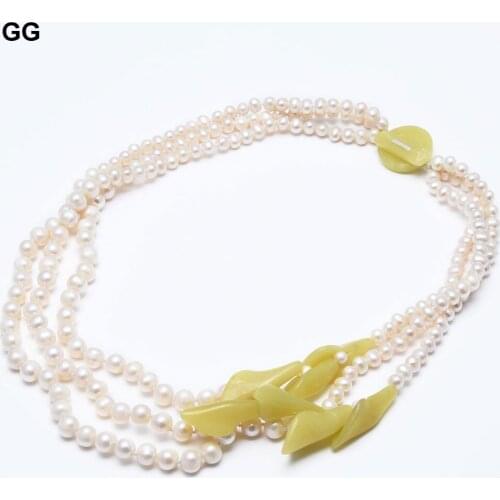 GG Jewelry Natural White Pearl Yellow Jades Topaz Flower Necklace 20" Handmade For Women