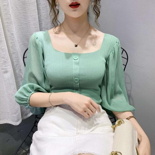 Puff Sleeve Shirt Womens Spring and Summer Square Collar Top Shirt Blusas Ropa De Mujer