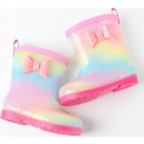 New Cute Bow Rain Boots Toddler Infant Kids Water Shoes Rainbow Waterproof Rainboots Non-Slip Pvc Snow Boots