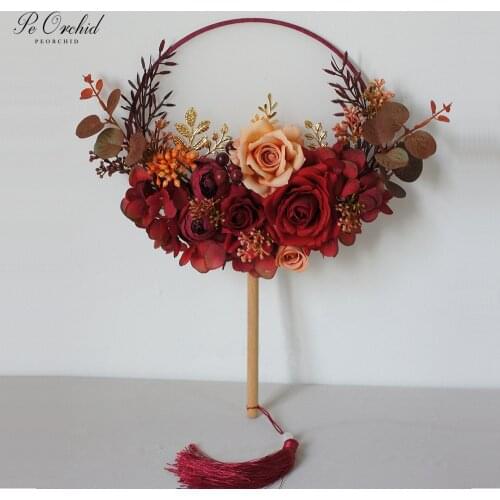 PEORCHID Burgundy Wedding Bouquet Chinese Bridal Fan Gold Brooch Bouquet 2020 Artificial Bride flowers Rose Hydrangea Bouquet