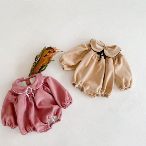 Winter warm romper for girls plus velvet long sleeve jumpsuit newborn baby pink/khaki corduroy bodysuit toddler costumes outfits