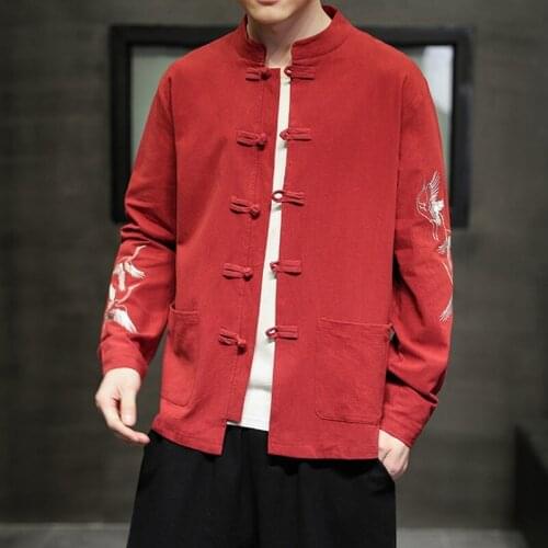 Traditional Chinese Style Embroidery Crane Hanfu Blouse Tang Suit Men Kungfu Shirts Tops Jacket Cheongsam New Year Coats 30562