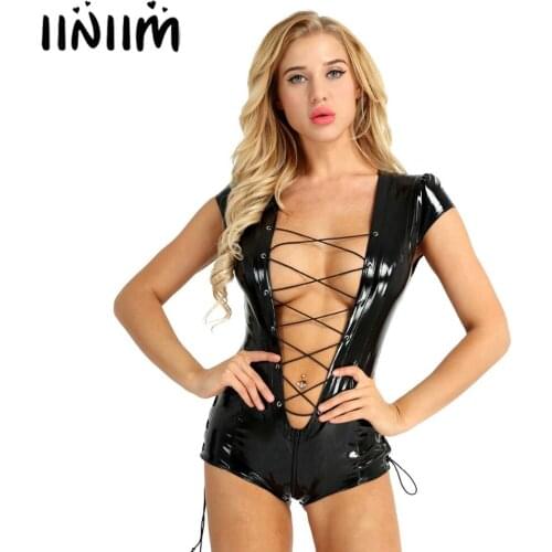 Womens Wet Look Sexy Clubwear Patent Leather One-piece Cap Sleeve Lace-up Zipper Crotch Leotard Bodysuit Romper Jumpsuit