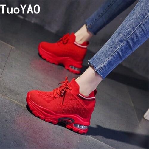 Woman Ulzzang Fashion Platform Sneakers Wedge Shoes For Women 8.5cm Height Increasing Ladies Walking Lace Up Casual Shoes 2020