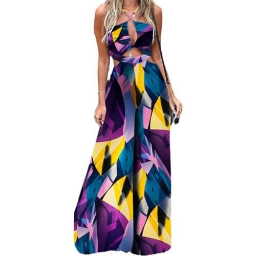 Women Jumpsuit Fashion Cross Sling Halter Soft Wide Leg Overalls Hollow Out Print Beach Romper Casual Office Lady Playsuit
